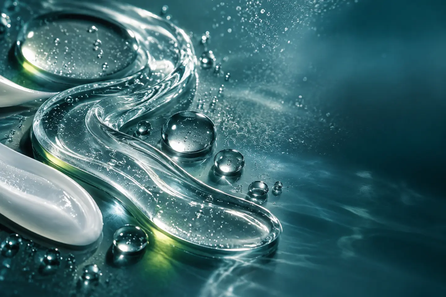 Διαφανείς υφές gel και σταγόνες serum σε σκούρα υδάτινη επιφάνεια